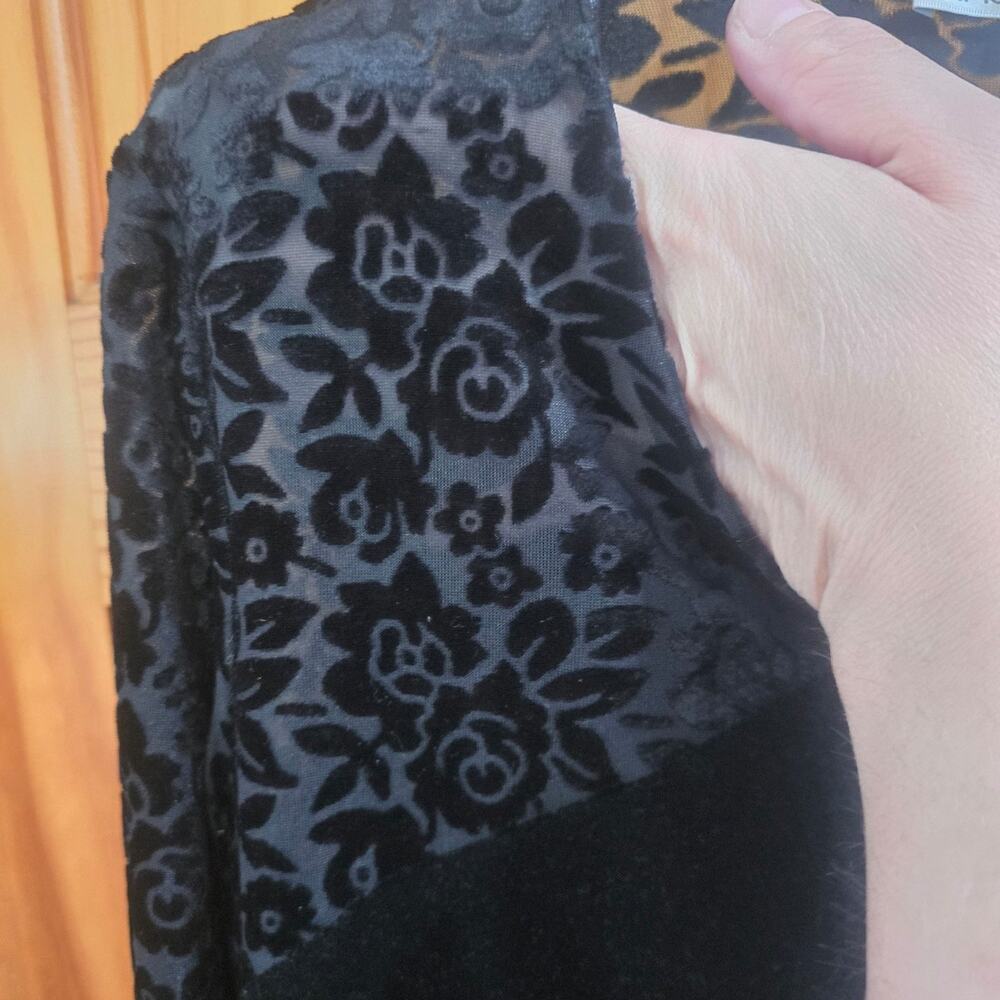 Vintage Maggie Of London Womens Black Velvet Maxi Dress 12 Sheer Floral Sleeve - Picture 3 of 4